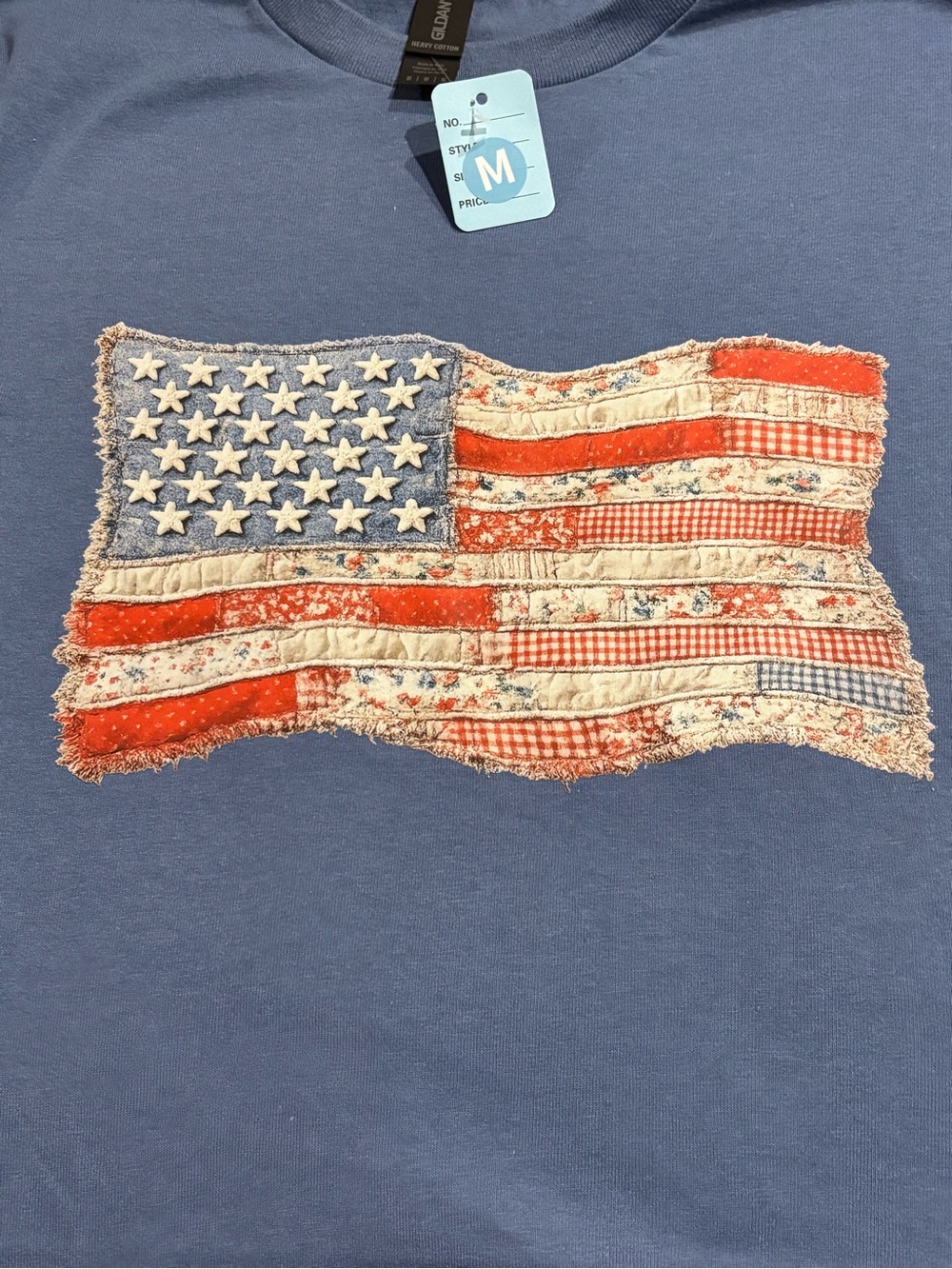 NWT Patriotic Patchwork Flag Tee in Dusty Blue -Medium
